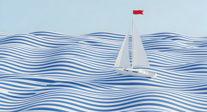 Serene white sailboat navigates the undulating ocean waves under a clear blue sky
