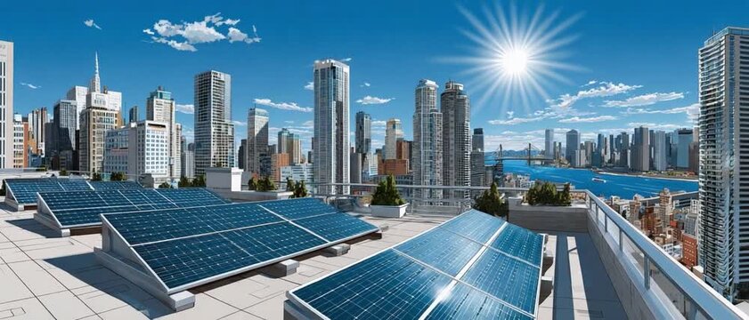 Solar Energy Cityscape: A modern cityscape, awash in bright sunlight, features a rooftop array of solar panels, symbolizing sustainable energy and urban innovation.