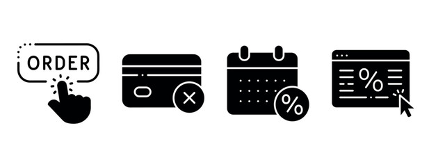 E-commerce icons: order, credit card decline, calendar discount, online offer