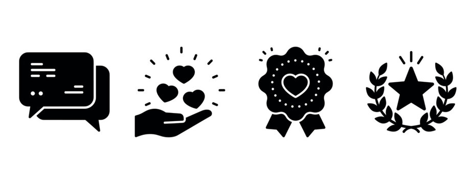 Social media icons: chat, support, badge, achievement symbols in black and white