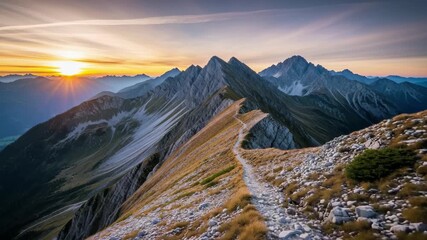 Golden sunrise paints majestic mountain peaks, illuminating a winding trail for adventure seekers. 4k high quality footage