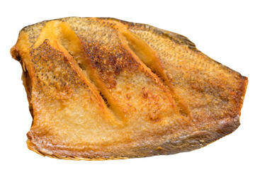 Thai-style fried snakeskin gourami, showing crispy golden-brown skin and appetizing texture, isolated on transparent background.