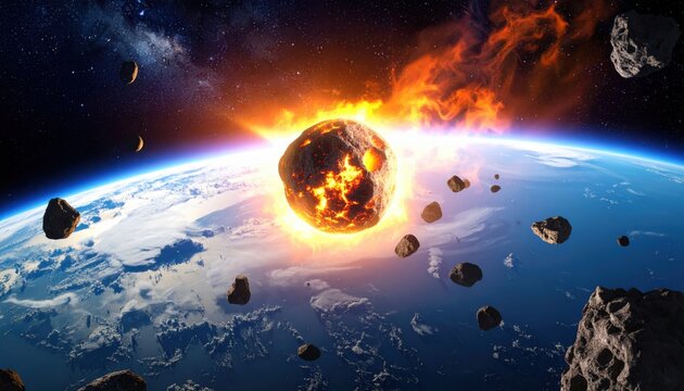 Giant meteorite crashing into Earth with fiery explosion, asteroids flying in outer space. Great for apocalypse, end of world, disaster, sci-fi, astronomy, impact.