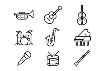 Obraz premium Nine outline symbols of musical instruments including trumpet, guitar, piano, and drums
