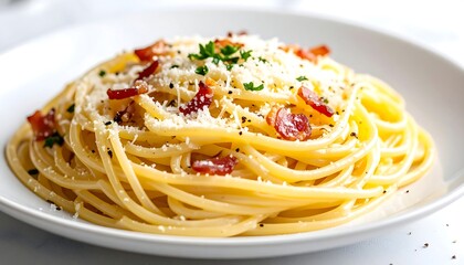 A close-up shot of a classic pasta dish on a white plate. Spaghetti is coated in sauce and topped with grated cheese and bacon bits