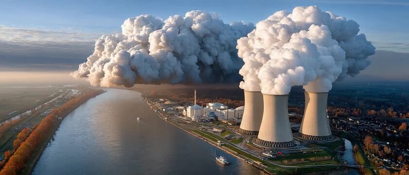 Industrial Skyline: Towering smokestacks of a power plant release plumes of steam into the atmosphere, a visual representation of energy production and industrial might.