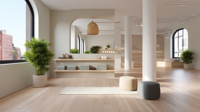 Modern minimalist interior design of a bright and airy yoga studio showcasing natural materials, greenery, and serene atmosphere for wellness practices