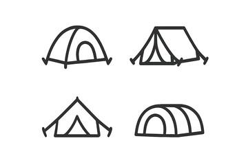Simple black line symbols of dome, tunnel, and A-frame tents for camping