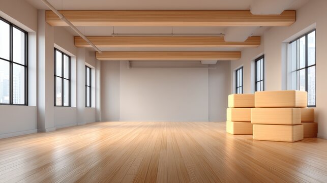 Spacious modern empty room with wooden ceiling beams, large windows, warm wooden floor, and neatly stacked wooden boxes ready for interior design setup