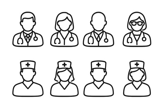 Collection of healthcare professional avatars featuring doctors and nurses in line art - Powered by Adobe
