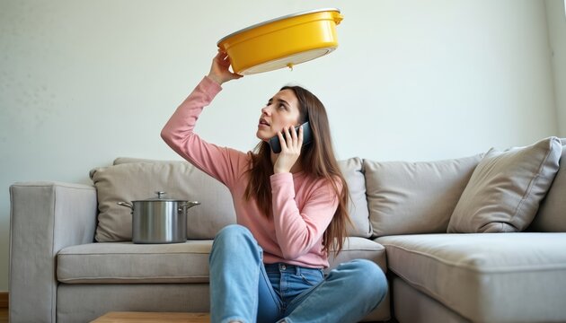 Worried woman calls handyman roof leaks indoors. Lady holds container under leaking ceiling, calls roof repair service using mobile phone in living room. Domestic home issues need repair service.