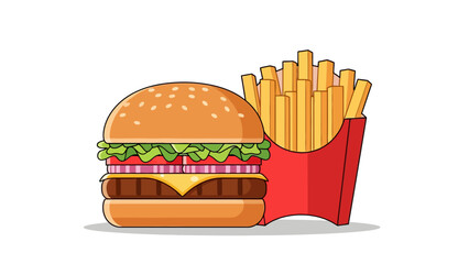 A cartoon hamburger with lettuce tomato onion cheese and patty next to a red carton of french fries