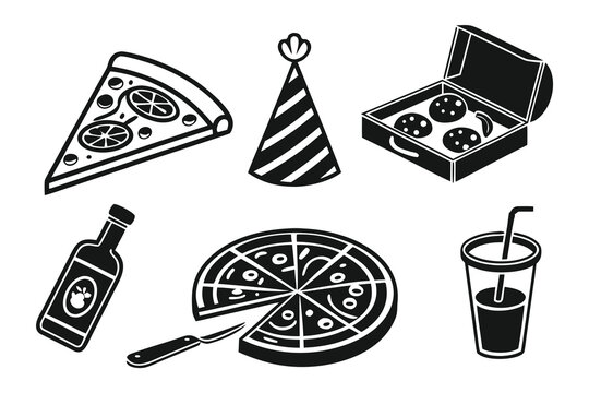 Six minimalist pizza party icons in black