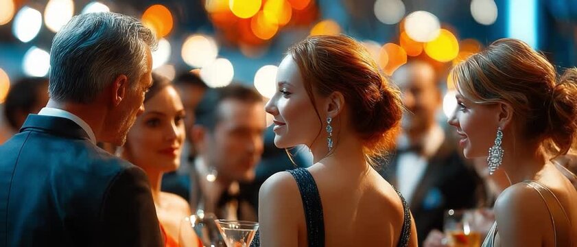 Elegant Affair: A sophisticated gathering of individuals in a luxurious setting, the scene brimming with refined ambiance, soft lighting, and candid moments.