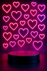 Neon heart backdrop with podium - concept of modern love marketing