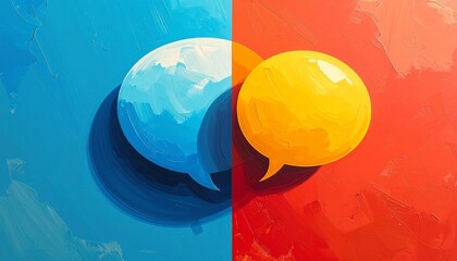 Speech bubbles float across split background—ritual of emotional clarity and chromatic dialogue, where expressive faces and color fields choreograph the emotional architecture of feeling, balance, and