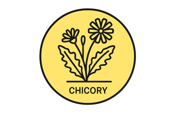 Minimalist chicory plant icon with flowers and leaves enclosed in a yellow circle badge