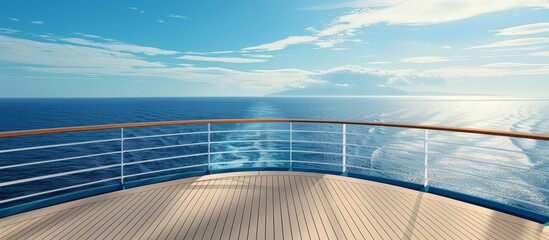 Fototapeta premium Ocean View from Cruise Ship Deck on Sunny Day Perspective of Travel Vacation and Luxury Cruise Line with Island Horizon