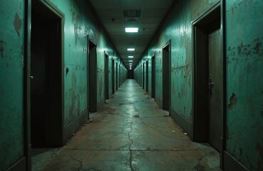 Fototapeta premium Long dark corridor with many doors leads into distance. Light shines at end of creepy hallway. Repetitive doors along old damaged grungy wall. Hallway background suggests concept of choice.
