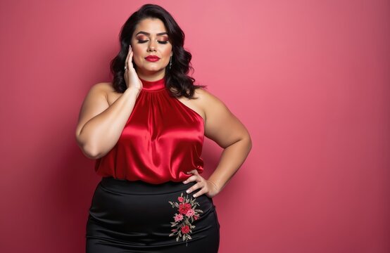Curvy woman in red satin top, black embroidered skirt posing against pink backdrop. Bold makeup, hairstyle emphasize confident feminine style, beauty. Full figured female model stands with hand on - Powered by Adobe