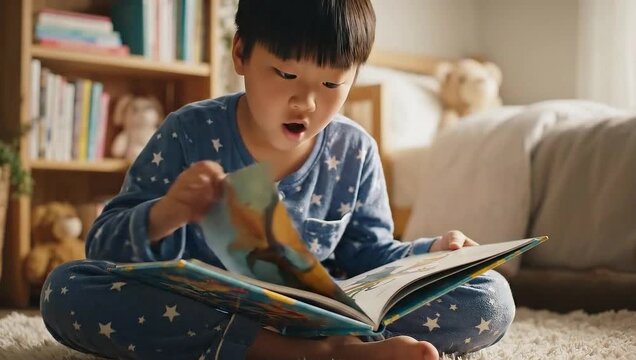 Adorable little boy immersed in fantasy reading bedtime story about magical dragons in cozy pajamas, sparking imagination and wonder before sleep