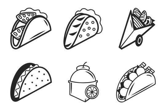 Minimalist tacos and burritos icon set for food businesses