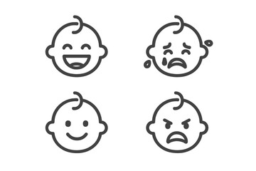 Baby faces showing various emotions including laughing, crying, smiling, and angry expressions