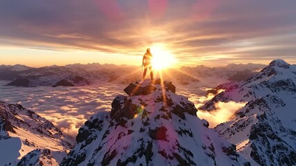 Silhouette of a person with raised arms celebrating success on a snowy mountain peak at sunrise above clouds dramatic achievement and freedom