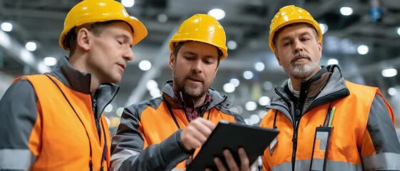 Construction Crew's Consultation: A dedicated team of construction workers engages in focused consultation, analyzing data on a digital tablet within a bustling construction site. - Powered by Adobe