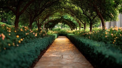 Obraz premium Serene Pathway Through Lush Green Arches of Trees and Vibrant Flower Garden in Bright Natural Light for Nature Lovers and Garden Enthusiasts
