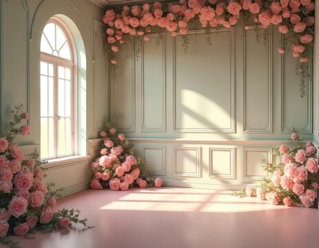 Floral decorated room with arched window. Pink roses arranged on wall ceiling, floor. Light falls into room. Roses in pastel colors. Romantic spring interior with flowers, warm light atmosphere in