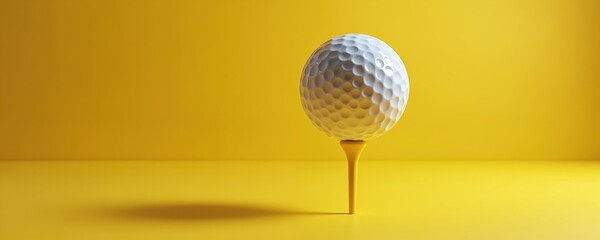 White golf ball rests on yellow tee against bright yellow backdrop. Sharp shadow extends to the left. Minimalist clean sport theme illustration.