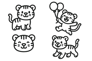 Fototapeta premium Adorable baby tiger mascots set in outline style showing various playful actions and emotions