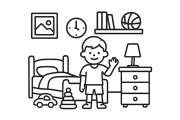 Smiling young boy standing in his bedroom waving hello surrounded by toys and furniture