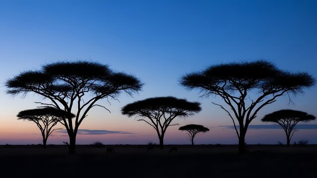 Acacia trees silhouetted against a vibrant twilight sky in an African savanna - Powered by Adobe