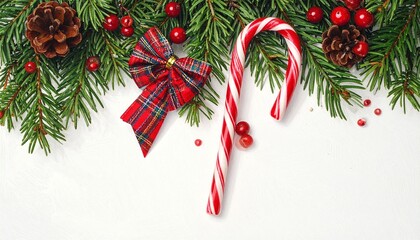 Candy canes form a festive heart—ritual of sweetness and affection, where plaid bow and pine sprigs choreograph the emotional architecture of holiday warmth, love, and decorative tradition.