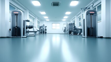 Fototapeta premium Modern Gym Interior with Exercise Equipment and Bright Ambient Lighting in a Spacious and Clean Environment for Fitness and Wellness Activities