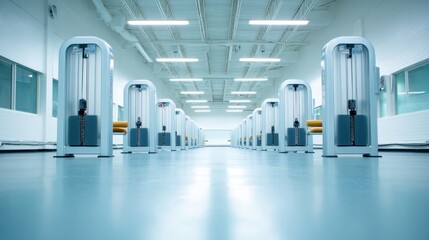 Modern Gym Interior with Row of Weight Machines in Bright and Spacious Fitness Center Designed for Strength Training and Wellness Activities