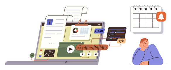 Laptop displaying text, media, code, and graphs with notification calendar and pensive person nearby. Ideal for workflow, productivity, web design, planning, multimedia coding and deadline