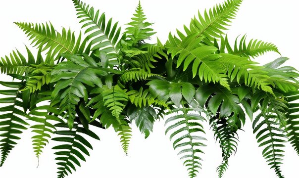 Lush fern fronds cascading down in a close up studio shot against a white background showcasing vibrant green foliage