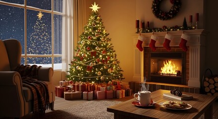 Festive christmas living room scene with decorated tree fireplace and gifts