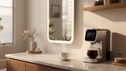 Modern Espresso Machine Making Coffee in Cozy Kitchen Setting