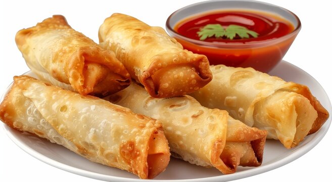 Crispy Golden Egg Rolls Served with Sweet Chili Sauce on White Plate Studio Shot Close Up Delicious Appetizer