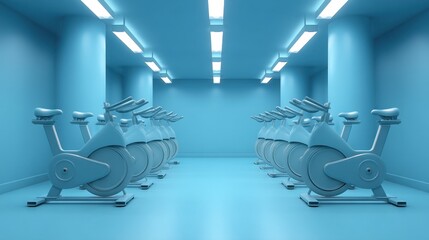 Modern fitness studio featuring stationary bikes in a bright blue interior, ideal for gym, wellness center, or cycling class promotional material