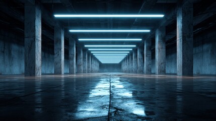Fototapeta premium Blue neon lights in industrial concrete hallway