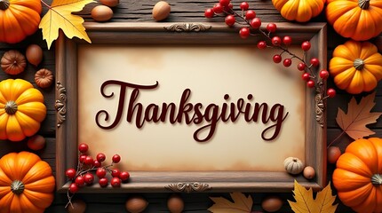 Top-down wooden background scene for Thanksgiving decorative frame bordered by dried leaves, pumpkins, berries, and assorted nuts, with refined calligraphic capital inscription