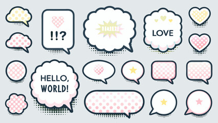 Collection of colorful speech bubbles and hearts with various patterns and text