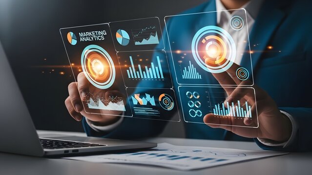 Businessman analyzing data with futuristic transparent interface and laptop exploring business trends and financial insights