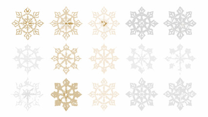 Collection of delicate snowflake designs in various shades of white and gold