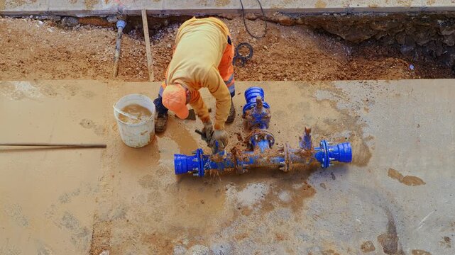 Top-down view of a plumber in an orange uniform assembling a new blue water main pipe. Worker installing industrial metal flange pipes on an asphalt background. Construction and utility maintenance co